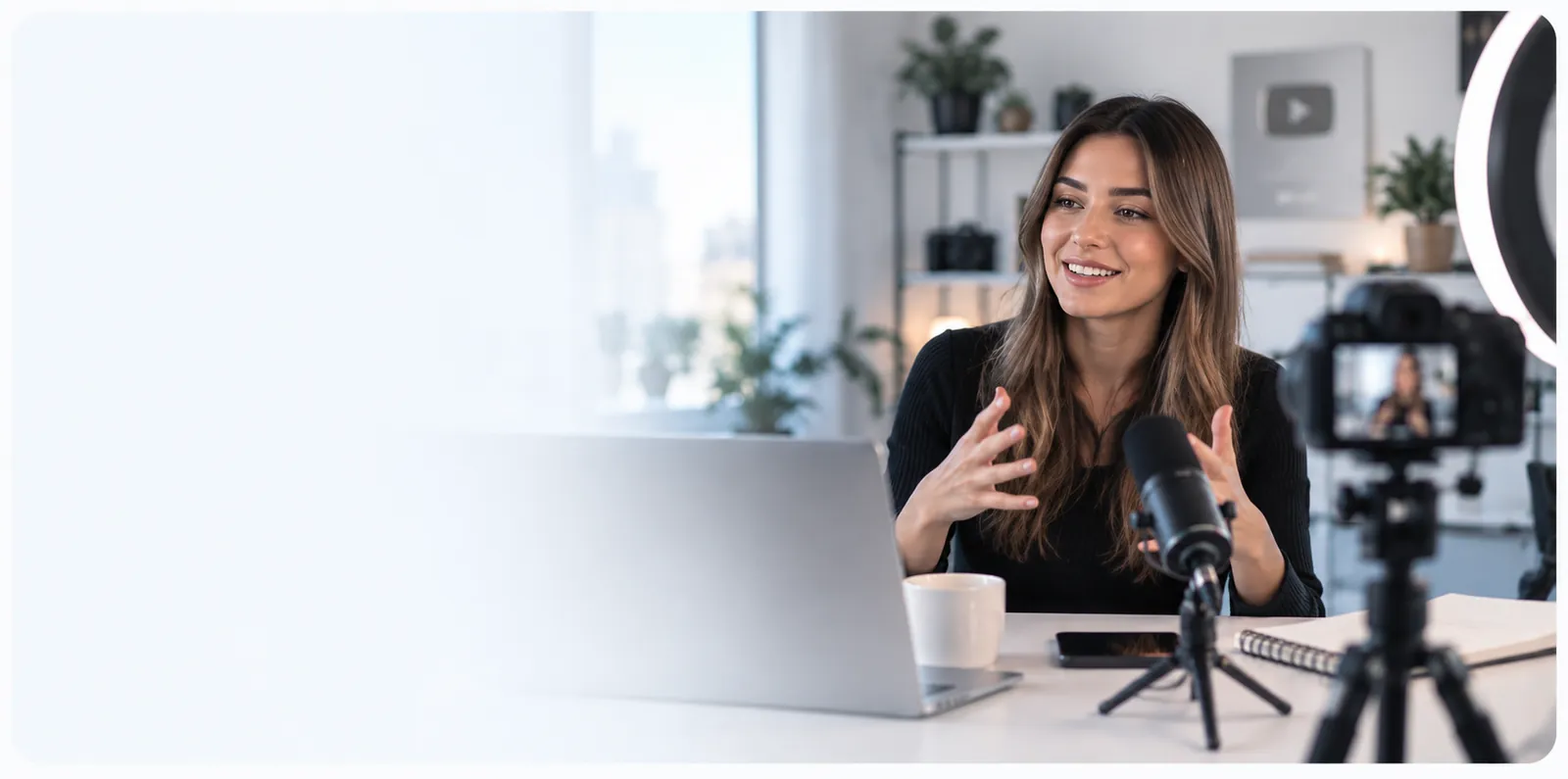 Creadora de contenido grabando con cámara, micrófono y notebook en su estudio