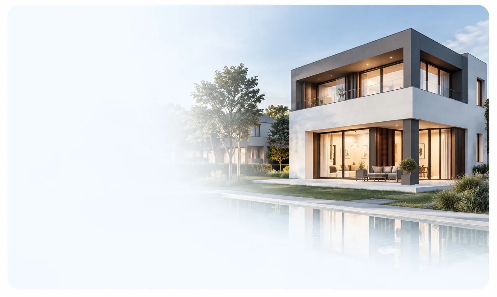 Propiedad residencial moderna con piscina al atardecer