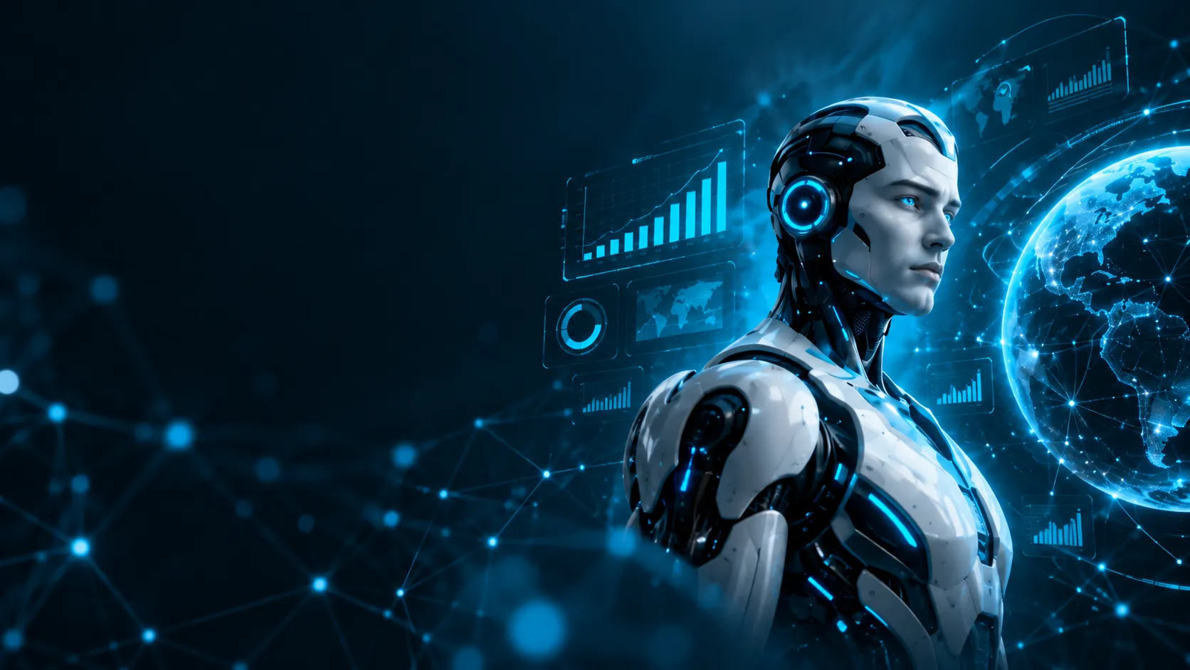 Androide con inteligencia artificial rodeado de datos y una red global